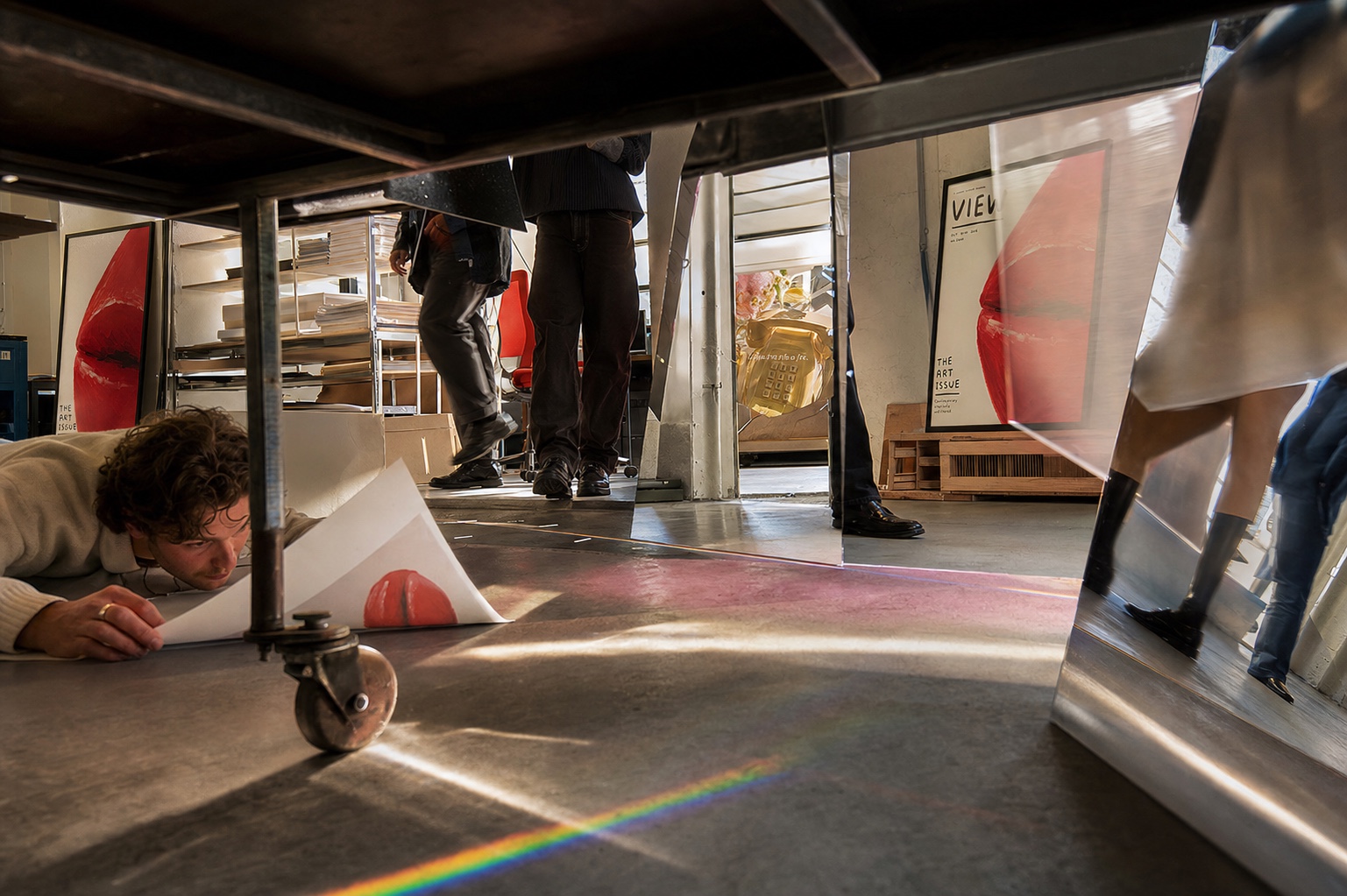 A candid Future&art studio scene seen from beneath a worktable
